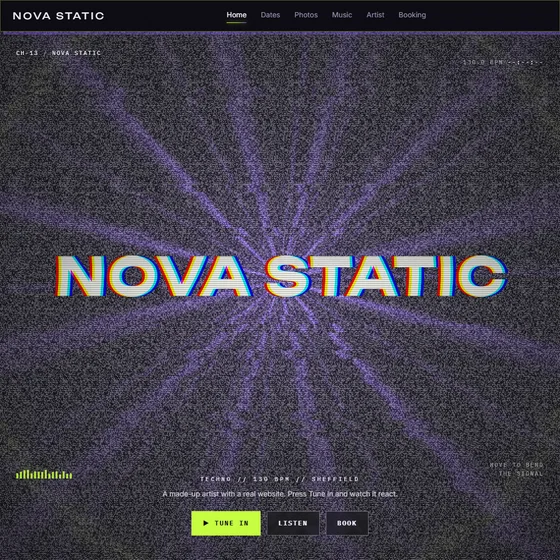 Nova Static's home page: the name torn into red, green and blue over a violet star in TV static.
