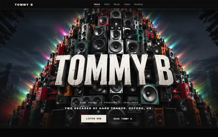 The home page of tommybmusic.co.uk: Tommy B in distressed white letters over a tower of speaker cabinets.