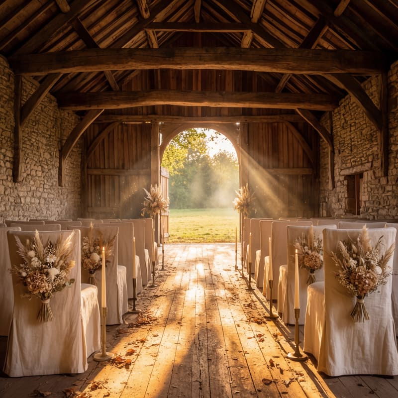 Converted English barn dressed for a wedding ceremony, golden-hour sunlight through an arched doorway, pampas bouquets on the chair-ends.