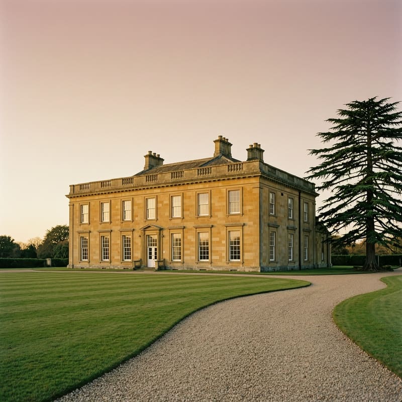 A Georgian English country house at golden hour, honey-coloured stone, mature cedar to the right, gravel drive curving in from the foreground.