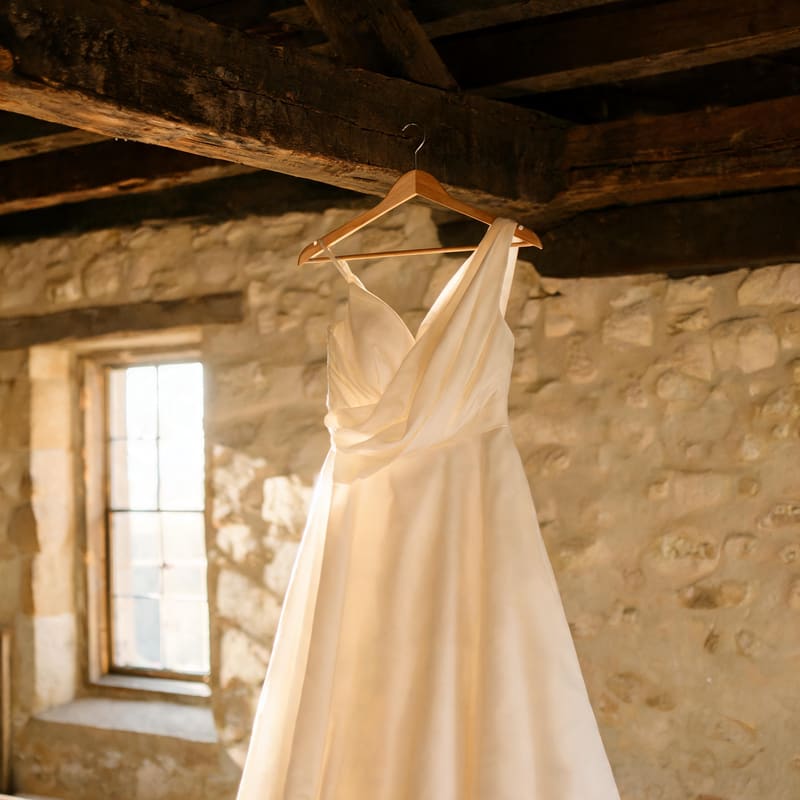 A silk wedding dress hanging from a hand-hewn timber beam in a stone-walled barn, with strong sunlight streaming from a window to the right.