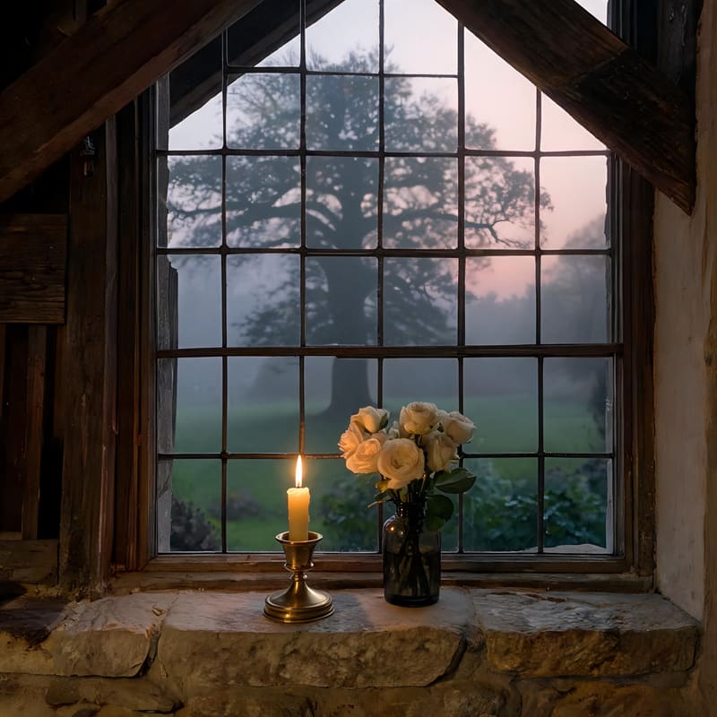A leaded-glass window onto a misty country garden at dusk, with a beeswax candle and a posy of cream roses on the stone ledge.